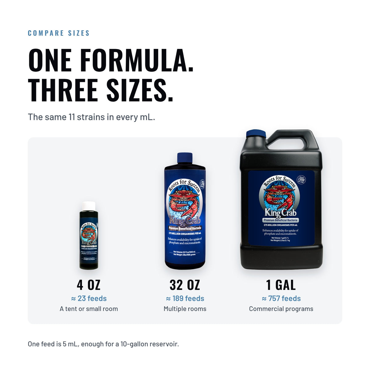 King Crab Liquid Bacteria sizes: 4 oz, about 23 feeds; 32 oz, about 189 feeds; 1 gallon, about 757 feeds. One feed is 5 mL, enough for a 10-gallon reservoir.